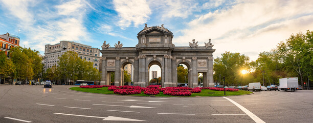 Great panoramic view of the Puerta de Alcala, a World Heritage Site in the city of Madrid, Spain