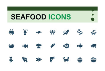 Set of Seafood solid icons. Containing eel, water, baked, prawn, baked fish, seafood soup, cooking and more. Isolated icons design.