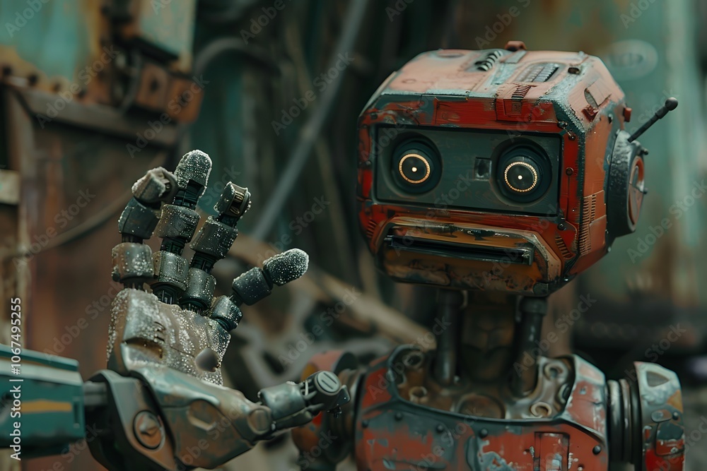 Poster charming rusty robot waving in a grungy setting
