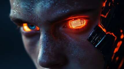 Portrait of a bionic superhuman showing digital display in one eye and metallic skin textures across face and neck