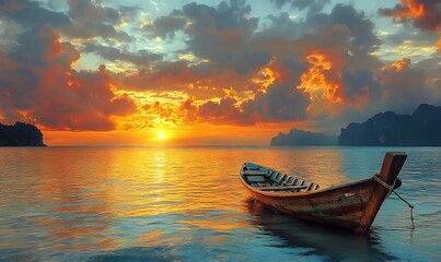 fishing boat on calm sea original oil painting on canvas, realism painting part of gallery collection, summer mood inspiration
