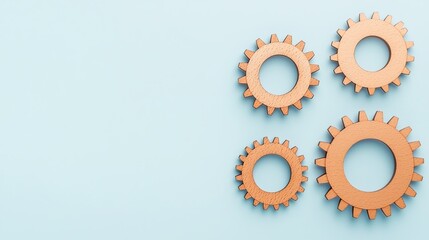 A set of four interlocking gears in a light blue background, symbolizing mechanics, collaboration, and intricate design.