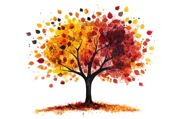 A watercolor drawing of an autumn tree, hand drawn on white background

