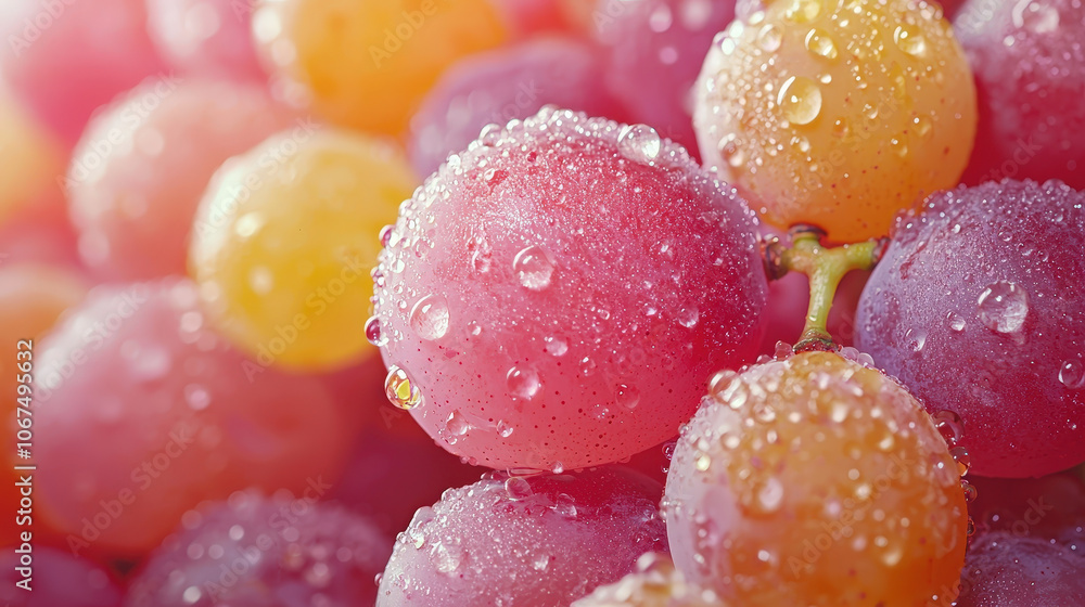 Poster a close-up view showcases a vibrant selection of grapes, sparkling with water droplets and highlight