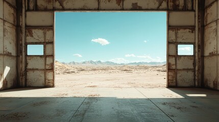 A rustic and large open warehouse door reveals a vast, sunlit desert landscape under a clear blue sky, symbolizing opportunity, exploration, and freedom.