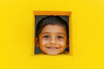 Portrait of a cheerful Latino boy peeking through a window at an outdoor playground set against a yellow background with space for text