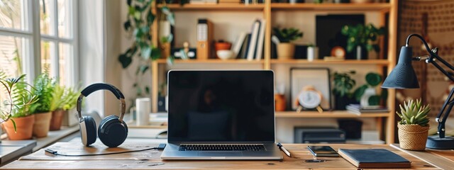 Remote work setup with a laptop, headset, and minimalistic decor