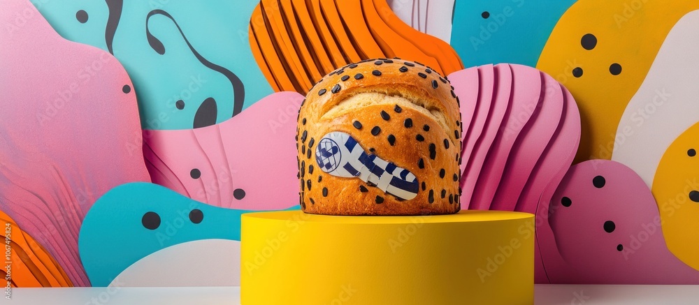 Poster a single round bread with black sesame seeds and a blue pattern sits on a yellow platform in front o