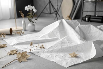 white crumbled silk with aesthetid design White lace fabric, tabletop scene, delicate golden jewelry, dried flowers, vase with white flowers, soft natural lighting, minimalist aesthetic, rustic elemen