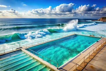 Obraz premium Underwater Ocean Wave Panorama, Swimming Pool Sandy Bottom