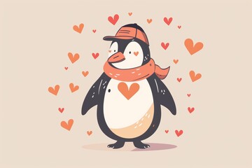 Fototapeta premium Cute penguin with hat and scarf surrounded by hearts
