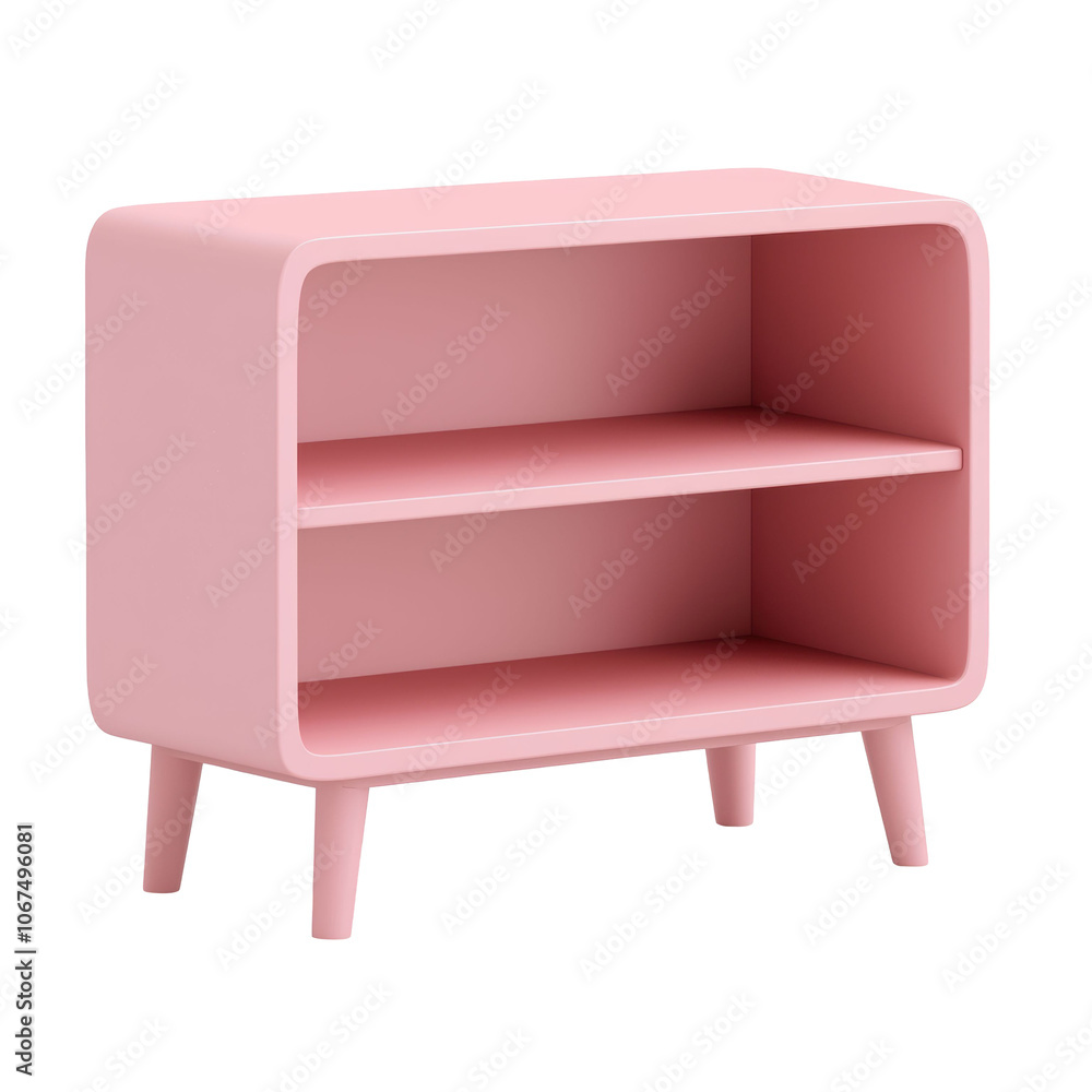 Poster pink bookshelf with a minimalist rounded design in a 3d illustration, featuring two open shelves and
