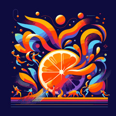 Fototapeta premium Vibrant Citrus Fruit Illustration with Dynamic Shapes and Figures on Abstract Background