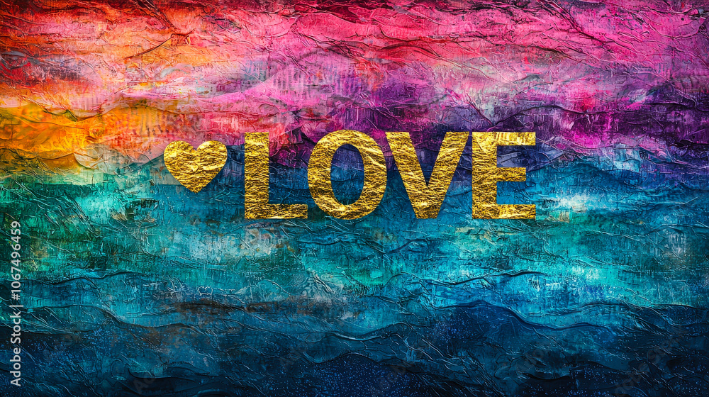 Aufkleber an artistic display of vibrant colors features the word love in bold gold against a textured backgro