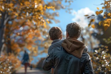 Parents Carrying Son On Shoulders As They Walk In Park
