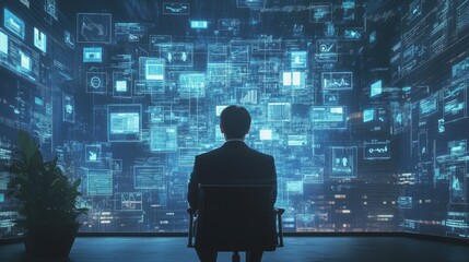 Back view, Manager in office workspace, surrounded by digital business and technological symbols icons