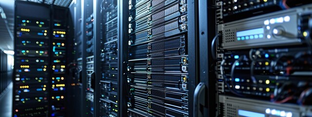 Server room filled with racks of servers and high-tech equipment
