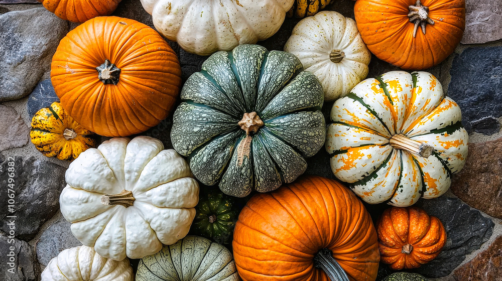 Poster a combination of vibrant pumpkins and gourds in various shapes and colors creates a striking autumn 