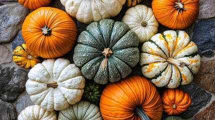 A combination of vibrant pumpkins and gourds in various shapes and colors creates a striking autumn display against stone