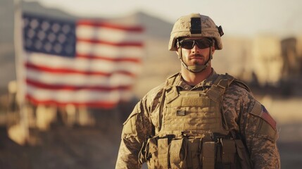 Fototapeta premium American Soldier Standing Proudly in Front of a Flag