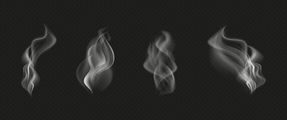 Set of steam or abstract white smog. Isolated on a black background. Wavy steam, fog, haze, gas, hot drinks, food. Vector