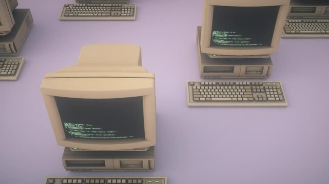 Retro computer or PC with keyboard in dynamic seamless loop motion. Source code on screens, displays