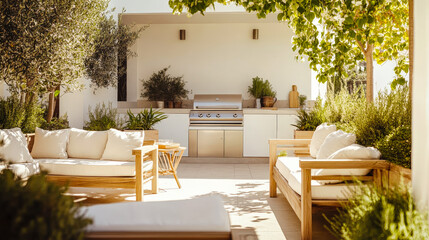 A serene outdoor patio with comfortable wooden seating, lush plants, and a modern grill, creating a perfect space for gatherings and relaxation on a sunny day