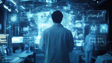 Back view of doctor in hospital area surrounded by digital icons and medical technology