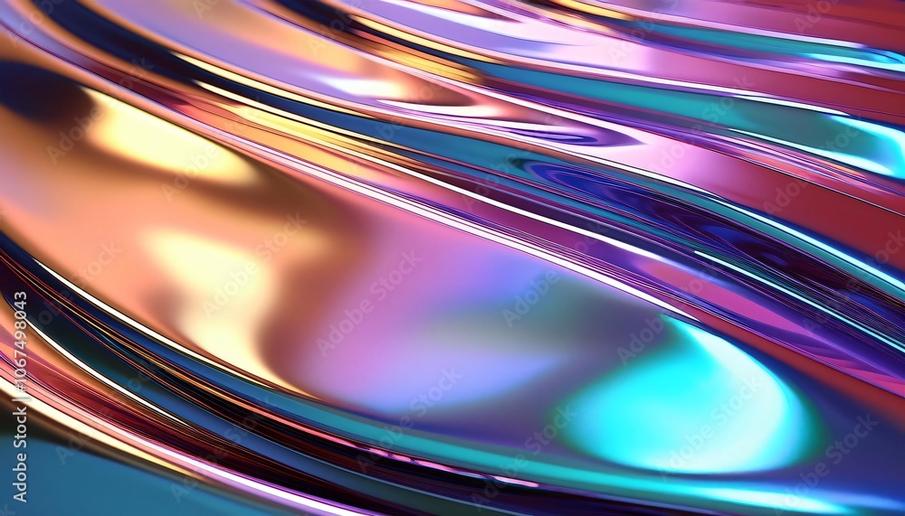 Poster abstract colorful metallic background flowing like silk, with iridescent holographic reflections, cr