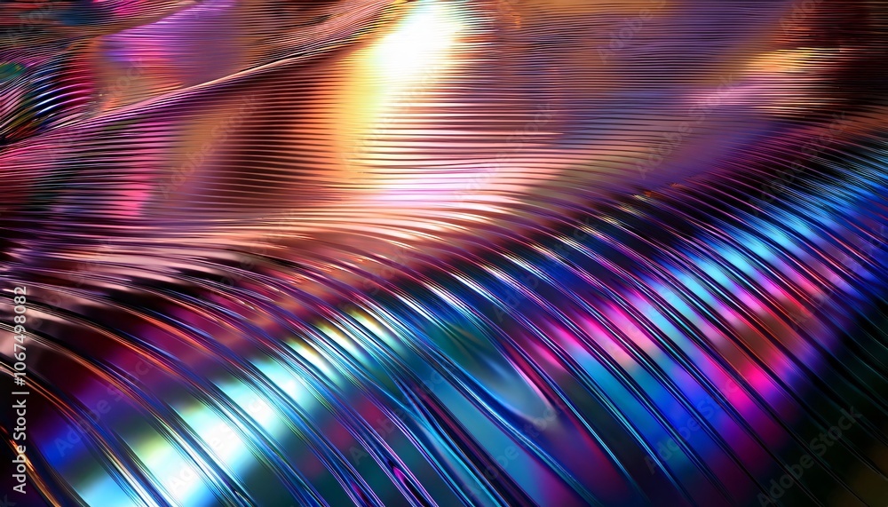Poster vibrant and dynamic visual of colorful waves on abstract iridescent metallic surface
