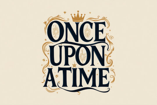 Once upon a time calligraphic inscription on beige background. Poster and banner, children's book illustration, postcard, gift card, print for t-shirt, sticker, label and other. AI background