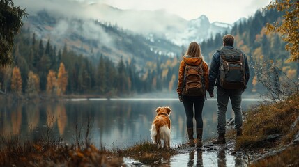 A Couple and Their Dog Enjoy a Tranquil Lakeside View in a Mountainous Region, Surrounded by Fog and Colorful Autumn Foliage During a Serene Afternoon