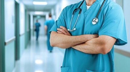 Healthcare Professionals in Scrubs Walking in a Hospital Corridor While Medical Staff With Stethoscopes Wait for Patient Assessments During a Busy Workday