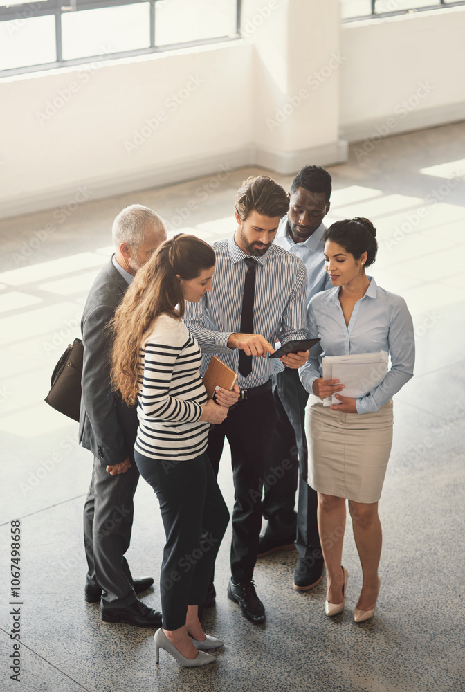 Aufkleber above, business people and employees with tablet, internet and connection with website info. group, 