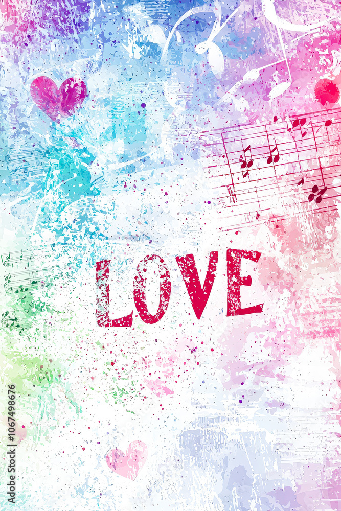 Leinwandbilder a lively background filled with pastel colors showcases the word love in bold red. hearts and music 