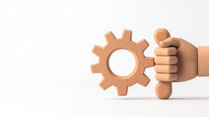 Obraz premium A hand holds a cork-colored gear, symbolizing mechanics, innovation, and creativity against a minimalist white background.