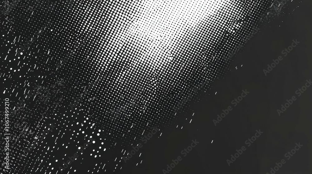Poster dots in black and white, illustrating movement and depth through varying sizes and spacing against a dark backdrop