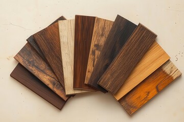 Samples of hardwood and laminate flooring in various wood textures displayed on a beige background showcasing different shades