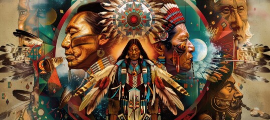 Fototapeta premium Colorful Native Americans Day Poster Design with Traditional Faces and Tribal Symbols for Event Promotion