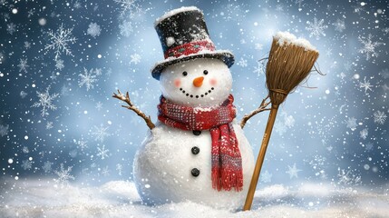 Clipart a snowman with a scarf and hat, holding a broomstick, with snowflakes falling around