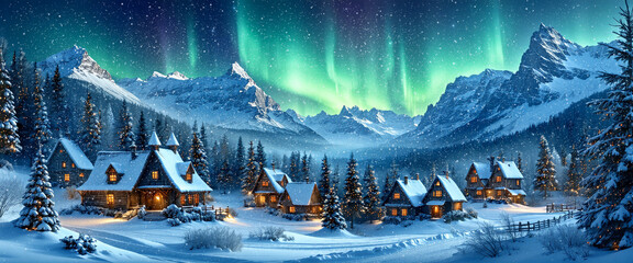 Ein schneebedecktes, weihnachtliches Dorf in der Nacht, es f&auml;llt Schee und im Hintergrund ragen hohe Berge der Himmel ist erhellt von magischen Nordlichtern.