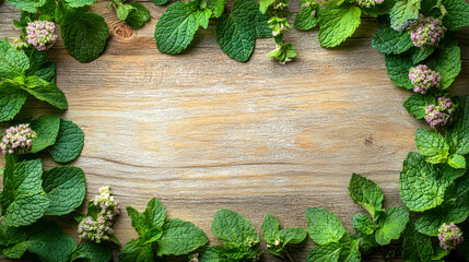 Fresh mint leaves with blossoms framing wooden surface for natural background