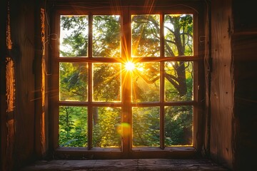 Serene Sunrise Through a Rustic Window Framing Nature's Beauty