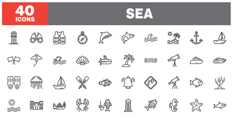 Set of 40 line icons sea. Outline icon collection. Editable stroke. Vector illustration.