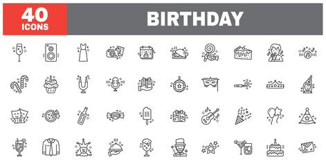 Set of 40 line icons birthday. Outline icon collection. Editable stroke. Vector illustration.