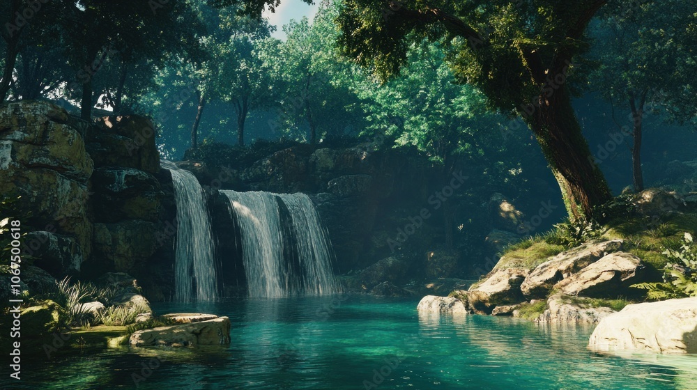 Poster a serene waterfall cascades into a tranquil pool surrounded by lush greenery and towering trees in a