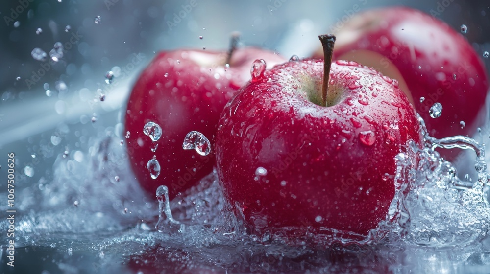 Poster red apples splashing in water with droplets in motion