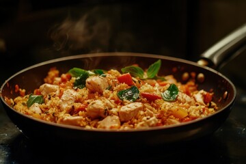 Skillet dish of chicken and vegetables with rice on dark surface