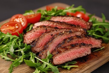 Sliced grilled striploin steak with a salad of tomatoes and arugula on a cutting board against a dark backdrop