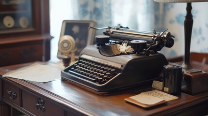 Vintage Typewriter on Wooden Desk with Antique Decor